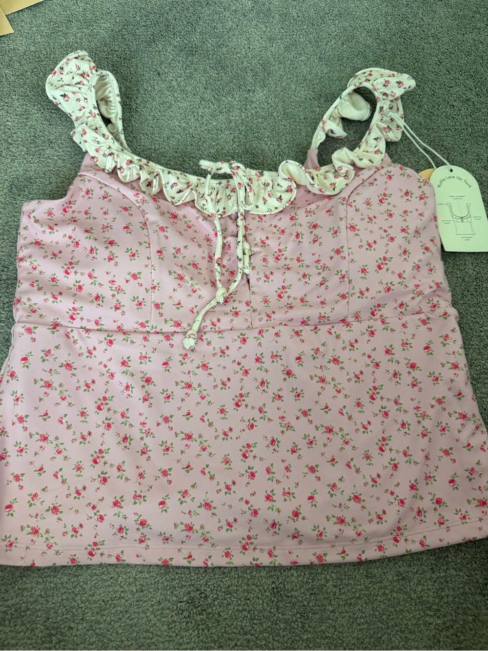 Blogilates Pink Floral Ruffle Lace Up Tank